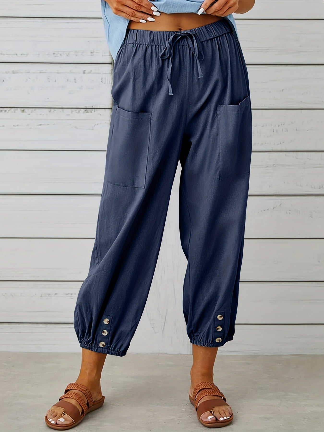 Cropped Pants Drawstring High Waist with Pockets