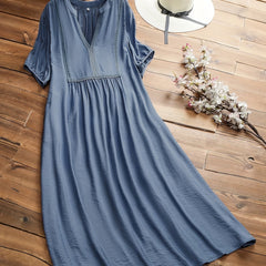 Contrast Lace Panel Short Sleeve Pleated Dress With Pockets