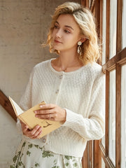 Solid Button Front Knit Cardigan Casual Crew Neck Long Sleeve Sweater