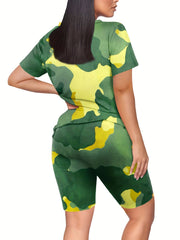 Camo Print Two piece Set V Neck Tee & Workout Shorts