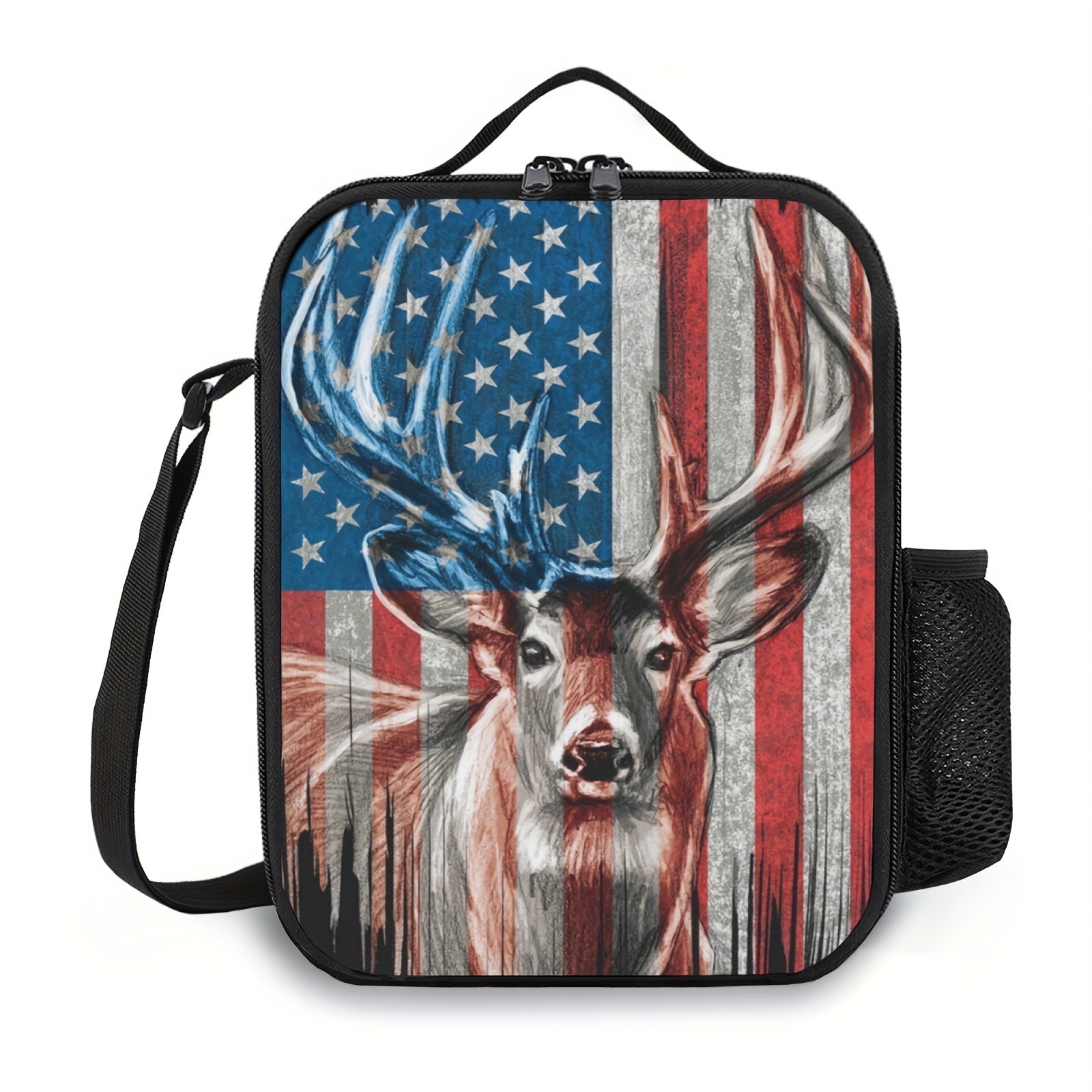 American Flag Deer Lunch Box with Water Bottle Holder