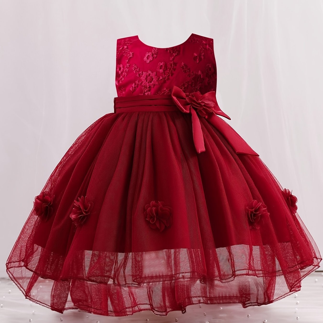 Baby Girls Princess Dress Flowers Embroidery Bowknot Decor Flower Girl Dress