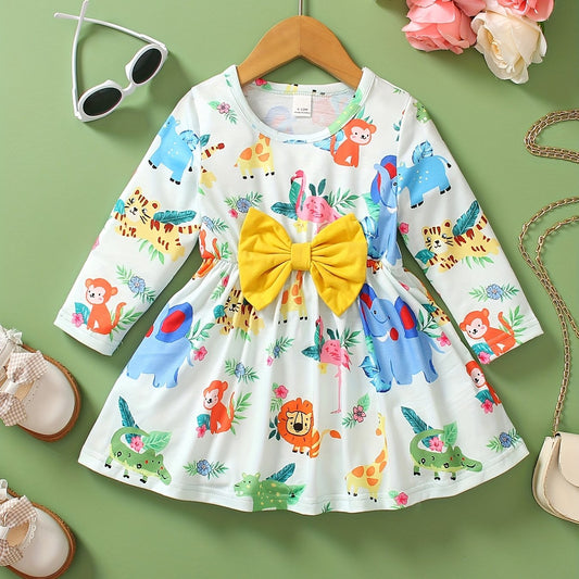 Baby Girls' Bowknot Front Cartoon Animals Full Print Long Sleeve Princess Dress