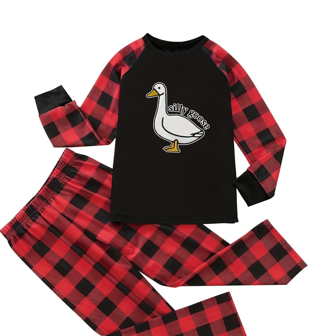 Casual Pajama Set Goose & Plaid Print Raglan Sleeve Tee & Pant