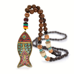 Vintage Nepal Ethnic Style Fish Pendant Long Beaded Necklace