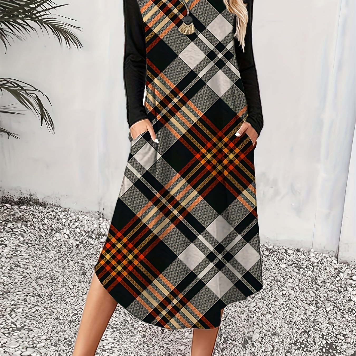 Colorblock Plaid Print Long Sleeve Round Neck Dress