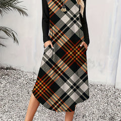 Colorblock Plaid Print Long Sleeve Round Neck Dress