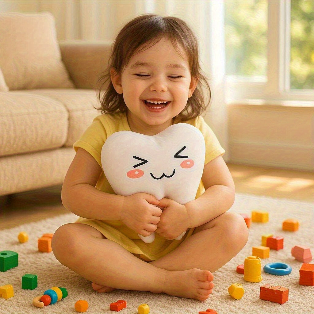 Tooth Shaped Plush Toy with Expressive Faces Earthy Yellow Mixed Color