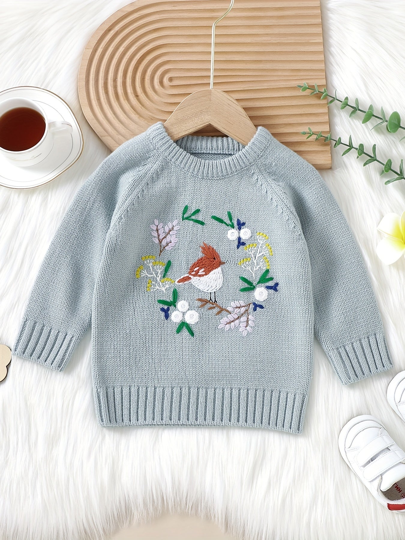 Baby Knitted Sweater Kids Pullover Top Floral Bird Embroidered Blouse