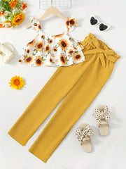 2pcs Girls Sunflower Ruffle Trim Tops & Belted Pants Set