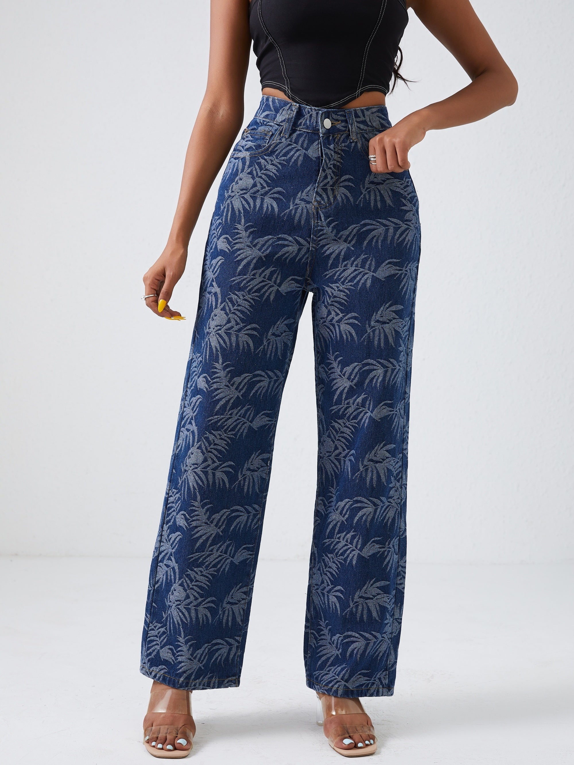 Leaf Print Straight Jeans High Waist Denim Pants