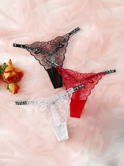 3pcs Lace Mesh Thongs Sheer Letter Tape Intimates Panties