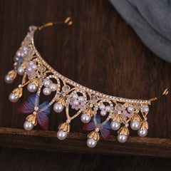 Baroque Faux Pearl Rhinestone Crown Tiara Butterfly Hairband