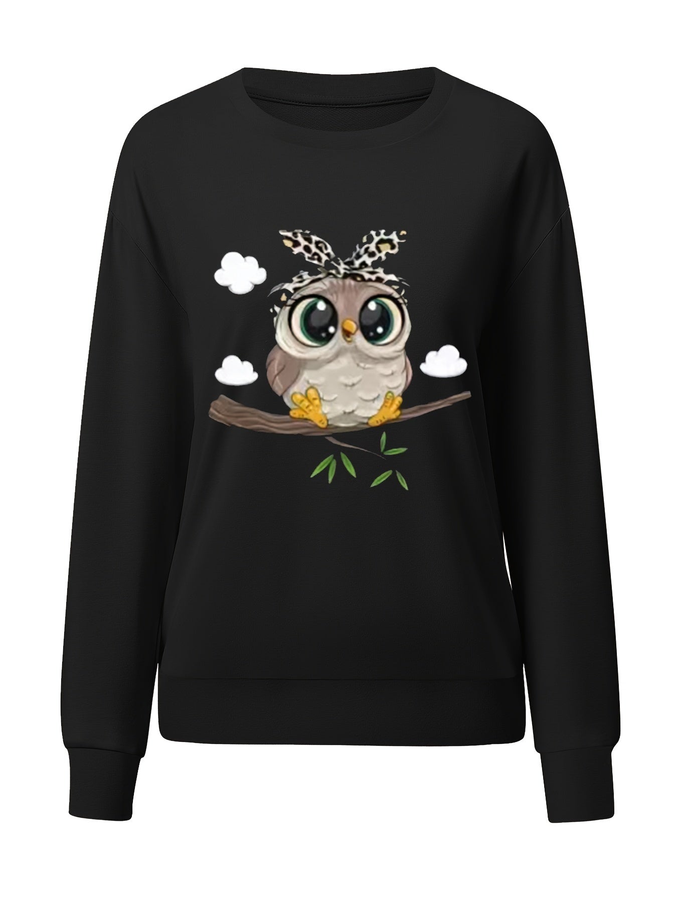 Owl Print Pullover Sweatshirt for Spring & Fall Women's Clothing