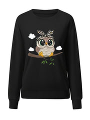 Owl Print Pullover Sweatshirt for Spring & Fall Women's Clothing