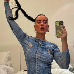Summer Sexy Jeans Graphic T Shirt Long Sleeve Cropped Denim Sports Tee