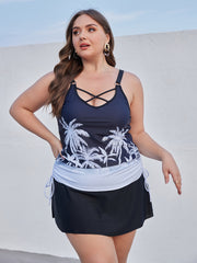 Tropical Print Tankini Set Lace Up Cami Top & Skirt Swimsuit