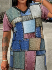 Colorblock Denim Print Short Sleeve V Neck Dress