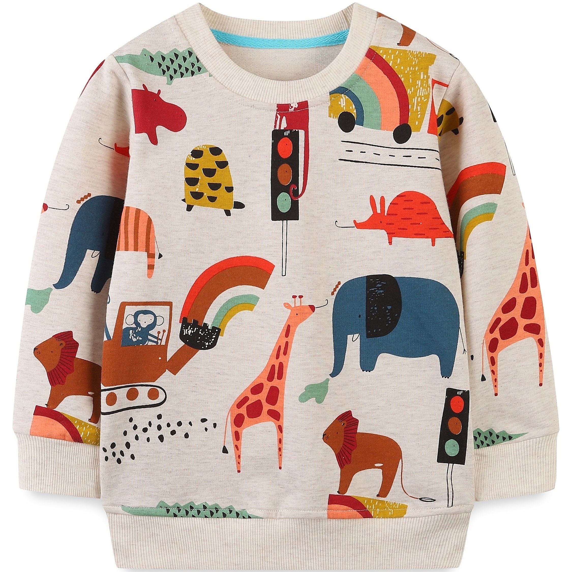 Cartoon Animals Print Boys Sweatshirt Crew Neck Long Sleeve Kids Clothing