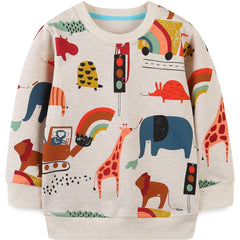 Cartoon Animals Print Boys Sweatshirt Crew Neck Long Sleeve Kids Clothing