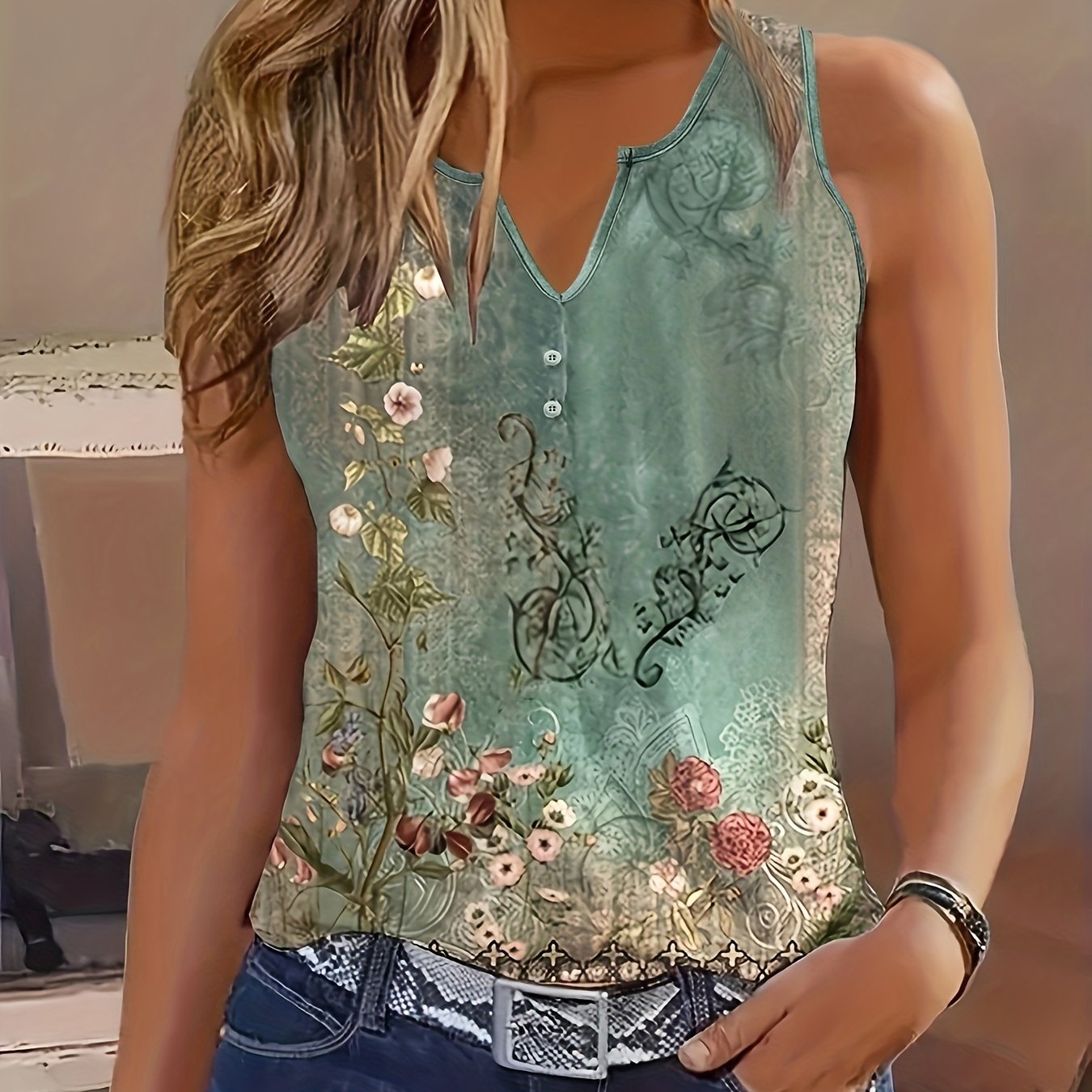 Floral Print Button Decor Notched Neck Tank Top