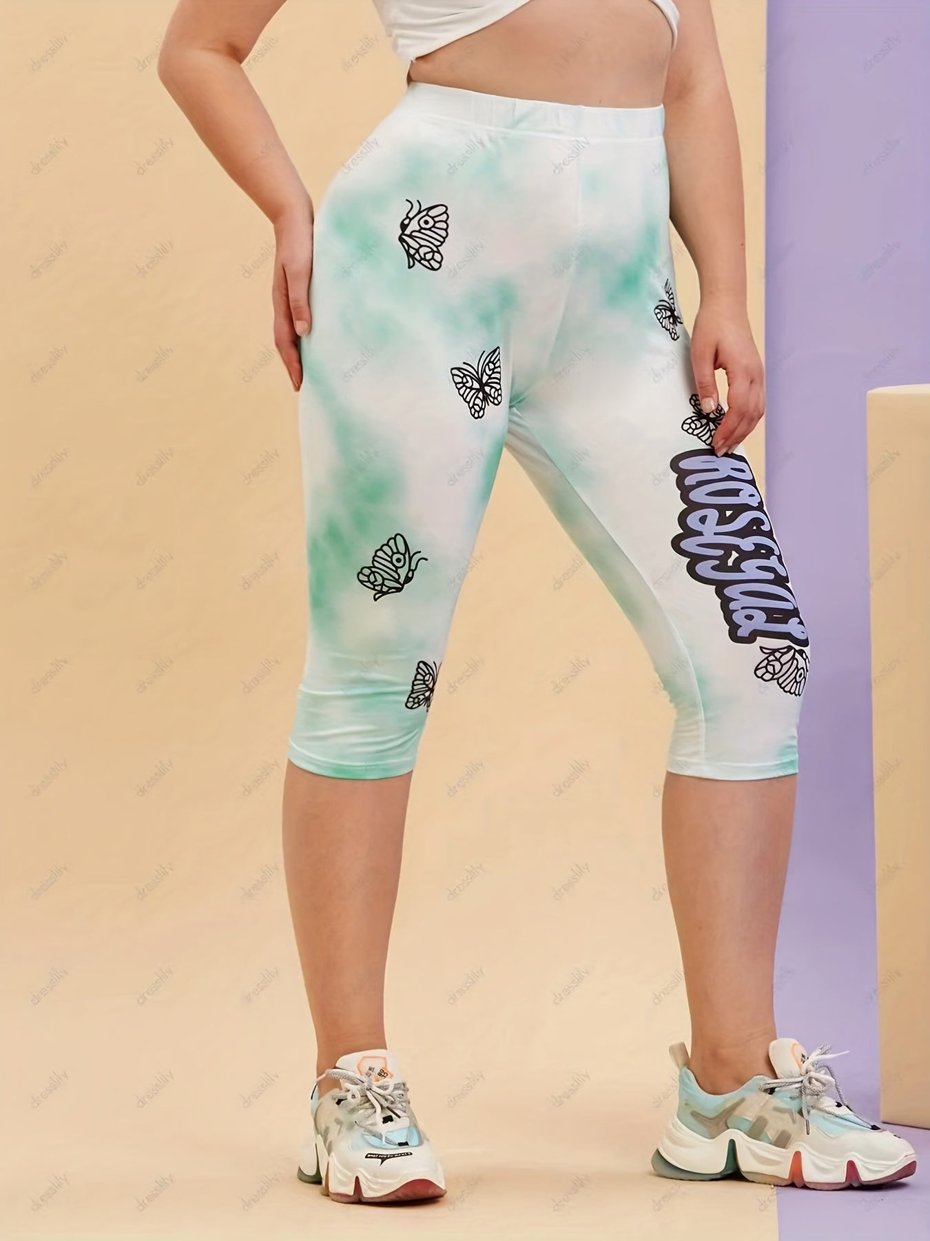 Women's Green Butterfly Print Yoga Leggings for Sports Fitness Running