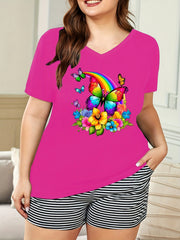 Women's Plus Rainbow & Butterfly Print V Neck Pajama Top