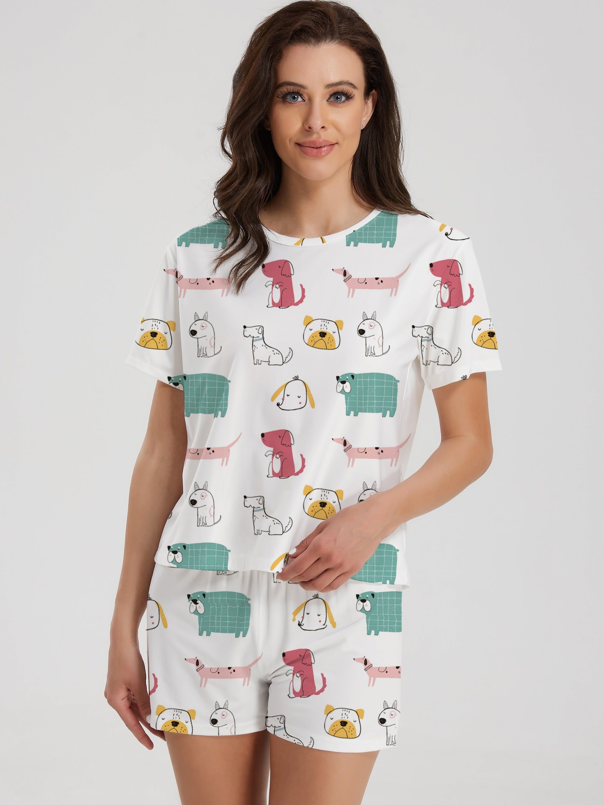 Cartoon Dog Print Lounge Set Short Sleeve Top & Shorts Women's Loungewear