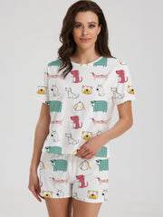 Cartoon Dog Print Lounge Set Short Sleeve Top & Shorts Women's Loungewear