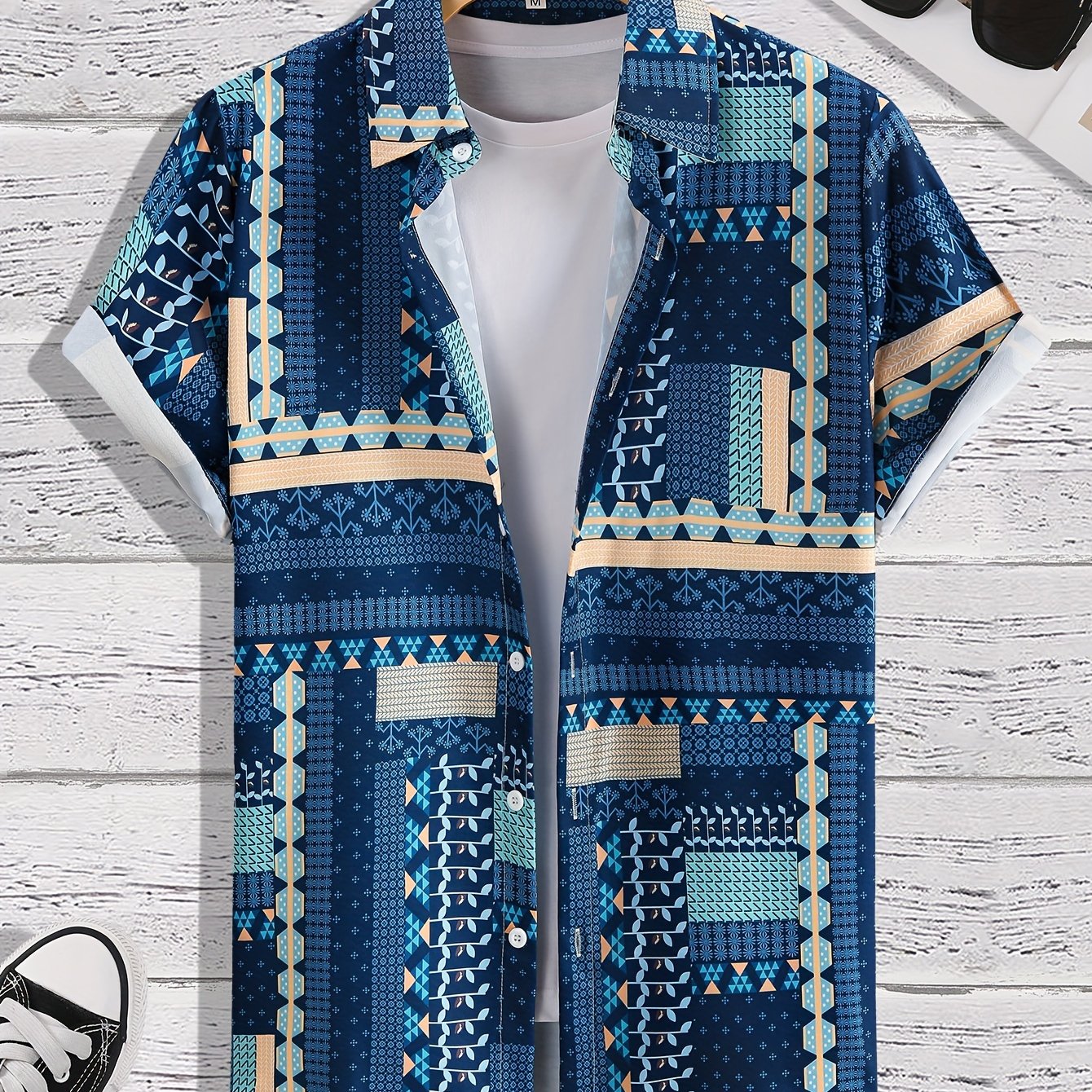 Geometric Pattern Short Sleeve Hawaiian Shirt for Summer Vacation