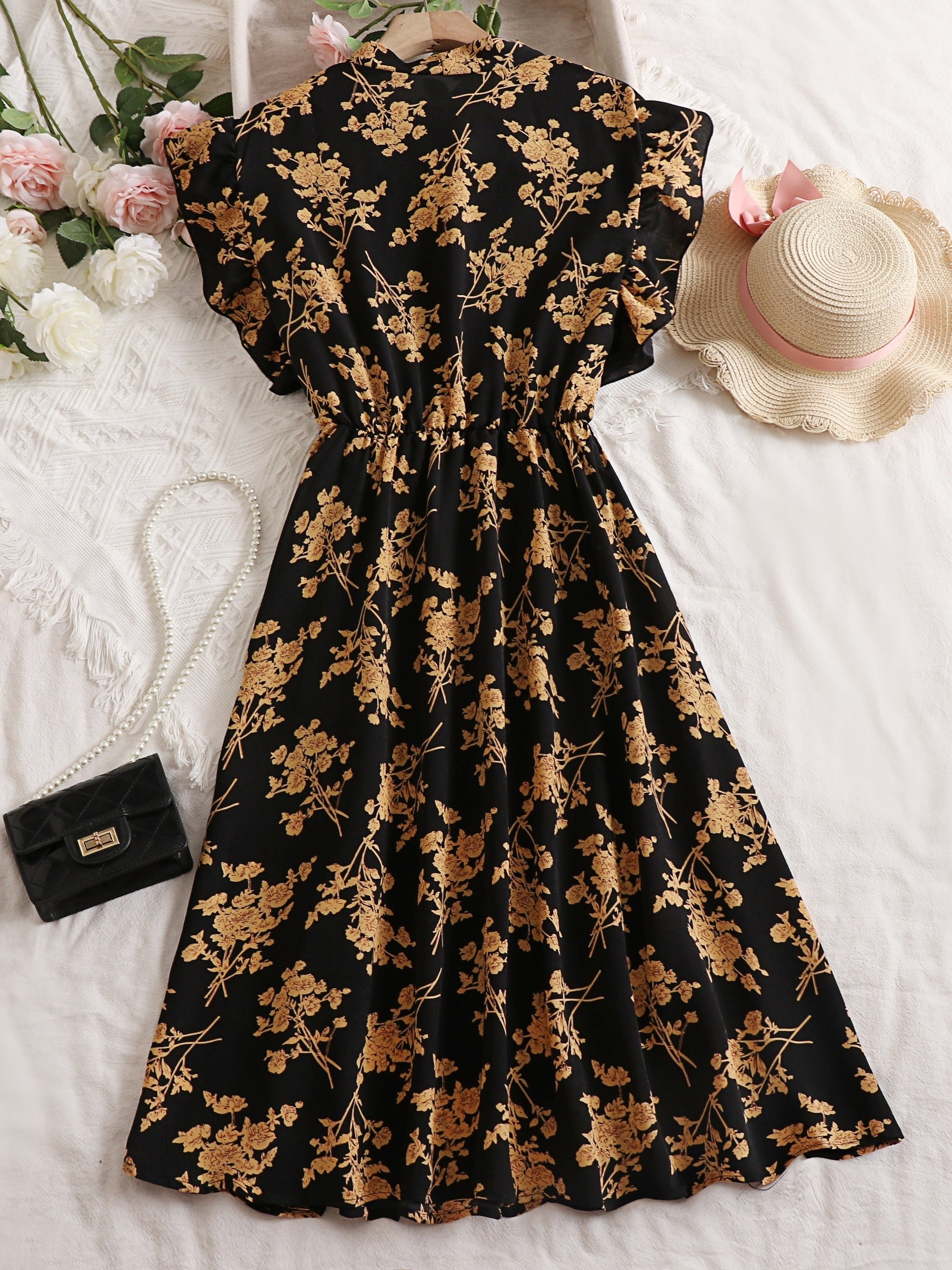 Floral Print Ruffle Sleeve Bow Knot Dress