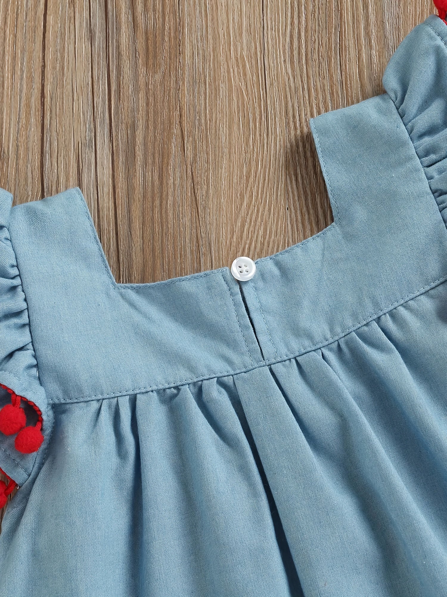Baby Girls Cartoon Denim Dress with Pompom Trim