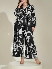 Abstract Print Lantern Sleeve Top & Pants Set