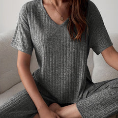 Plus Size Ribbed Short Sleeve V Neck Top & Pants Set