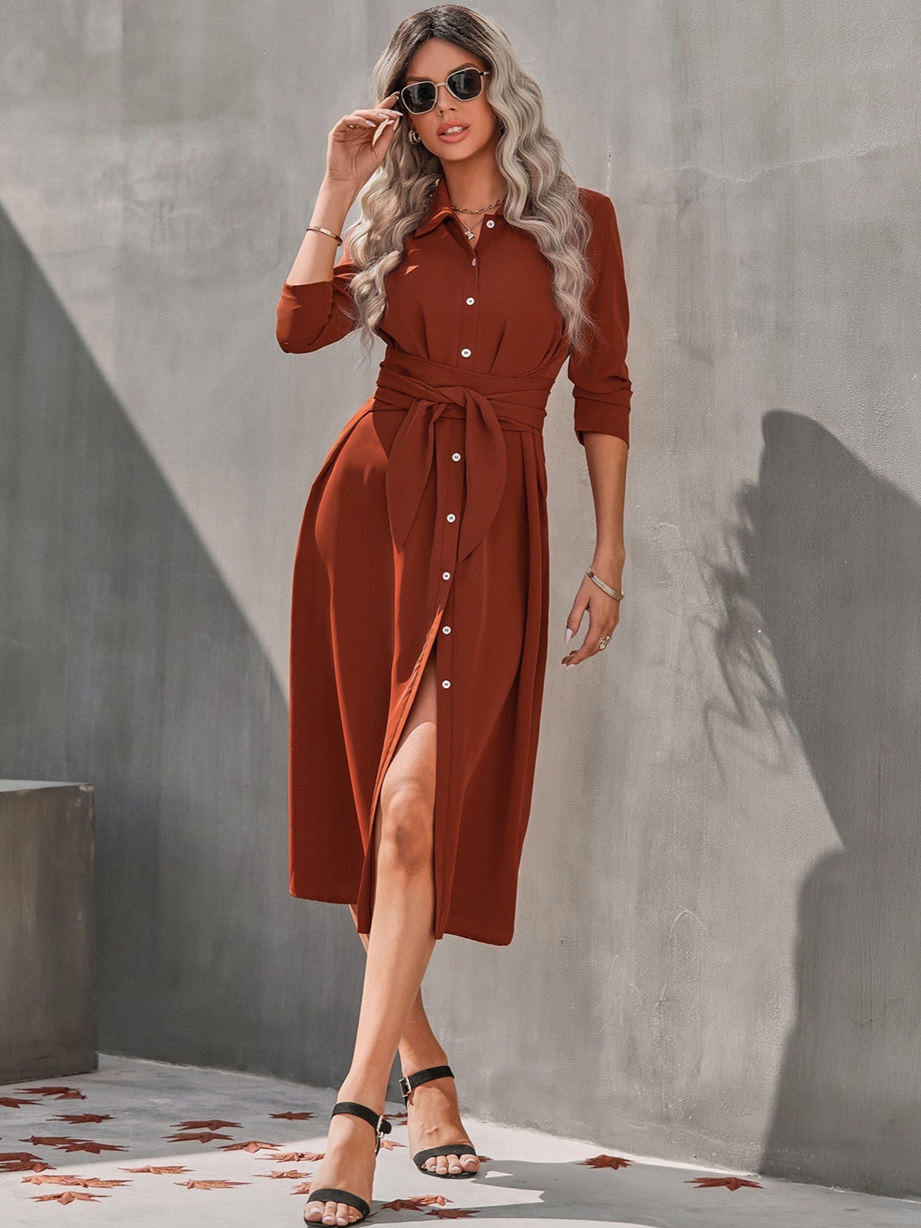 Women's Button Casual Slim Dress with Waist Tie