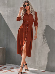 Women's Button Casual Slim Dress with Waist Tie