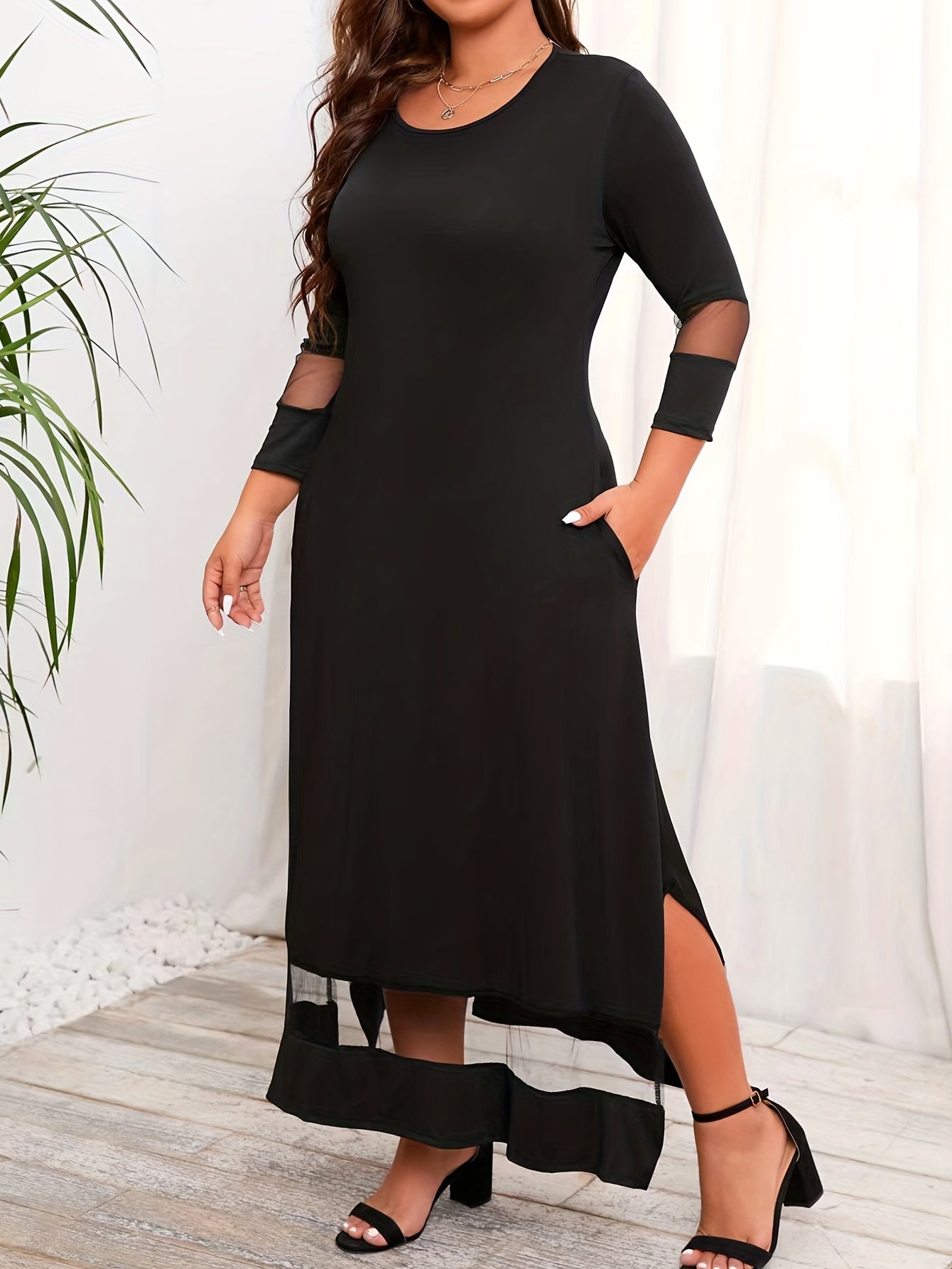 Contrast Mesh Sleeve Maxi Dress Plus Size Medium