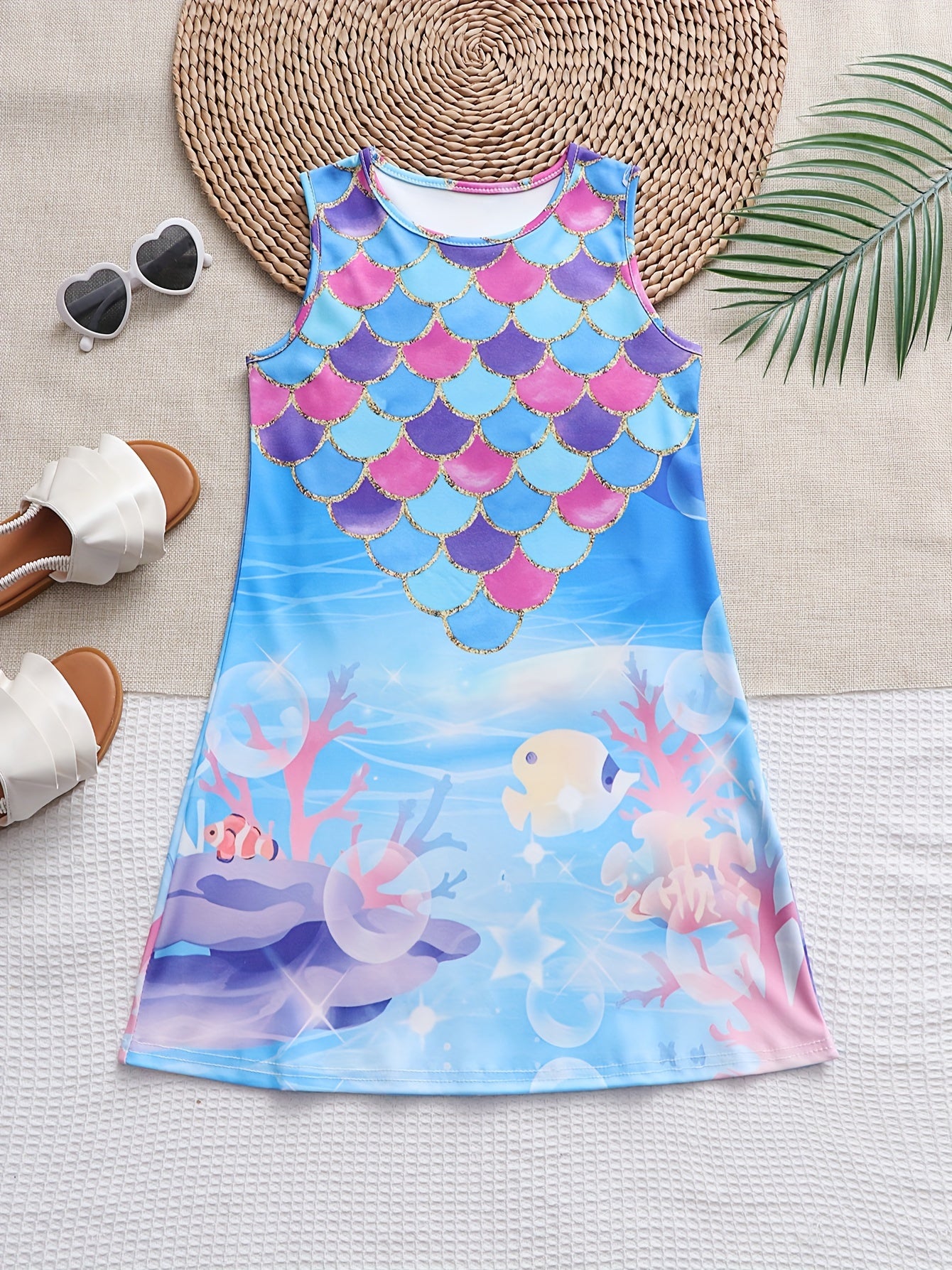 Girls Fish Scale Print Sleeveless Dress Summer Clothes