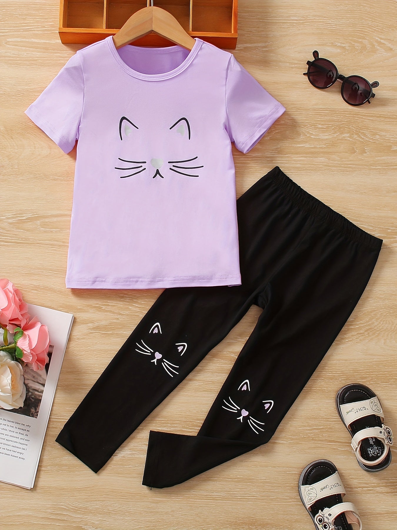 Girls Cat Print Short Sleeve Tee & Pants Set