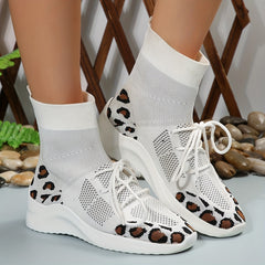 Leopard Print Knit Sneaker Boots Lace Up Stretch Short Boots