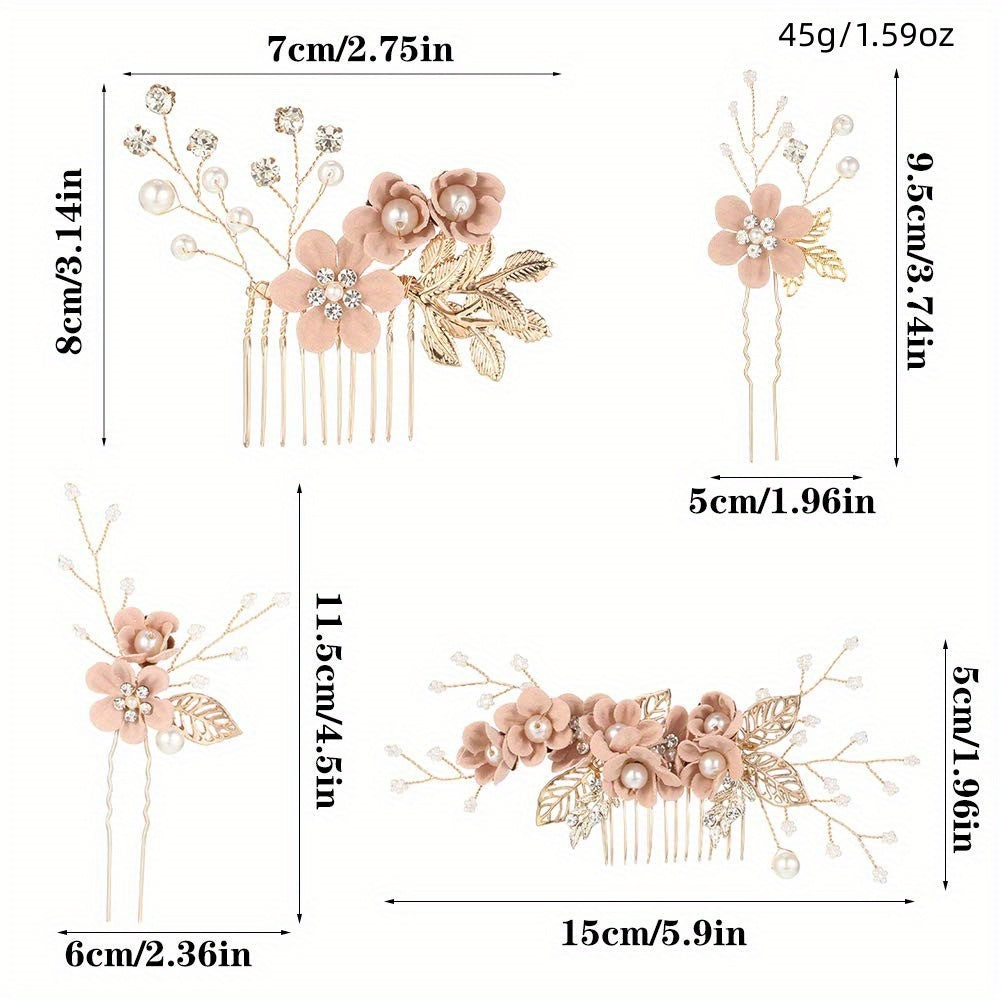 Pink Flower Hair Pin Inlaid Faux Pearl U shaped Hairpin Hair Accessories