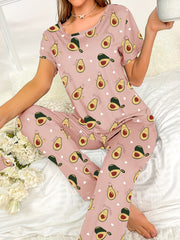 Women's Fruit Print Two piece Pajama Set Short Sleeve Tops & Pants