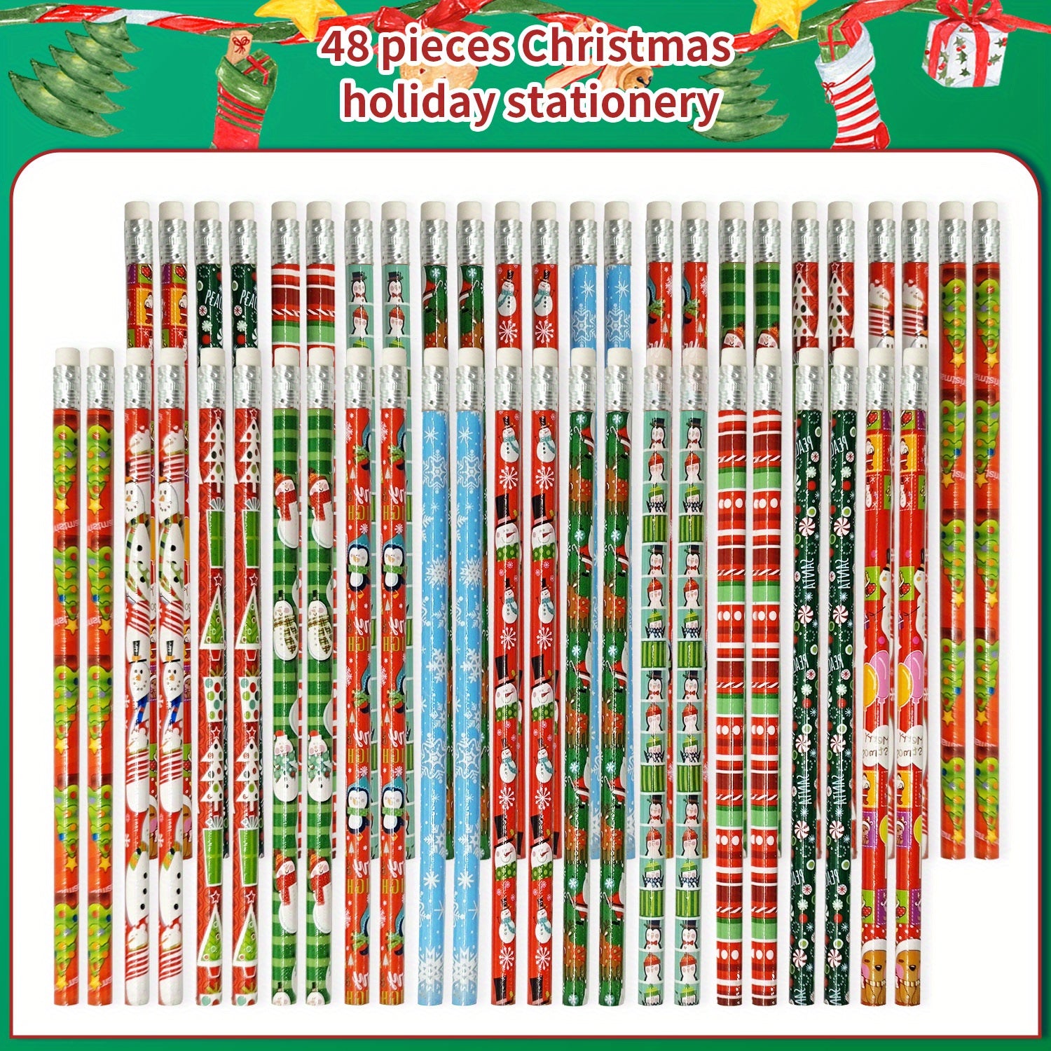 48pcs Christmas Pencils Xmas Wood Pencils With Eraser Snowman Santa Claus Candy