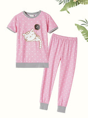 Kid's Polka Dot Pajama Set with Cartoon Cat Print - Cute Loungewear