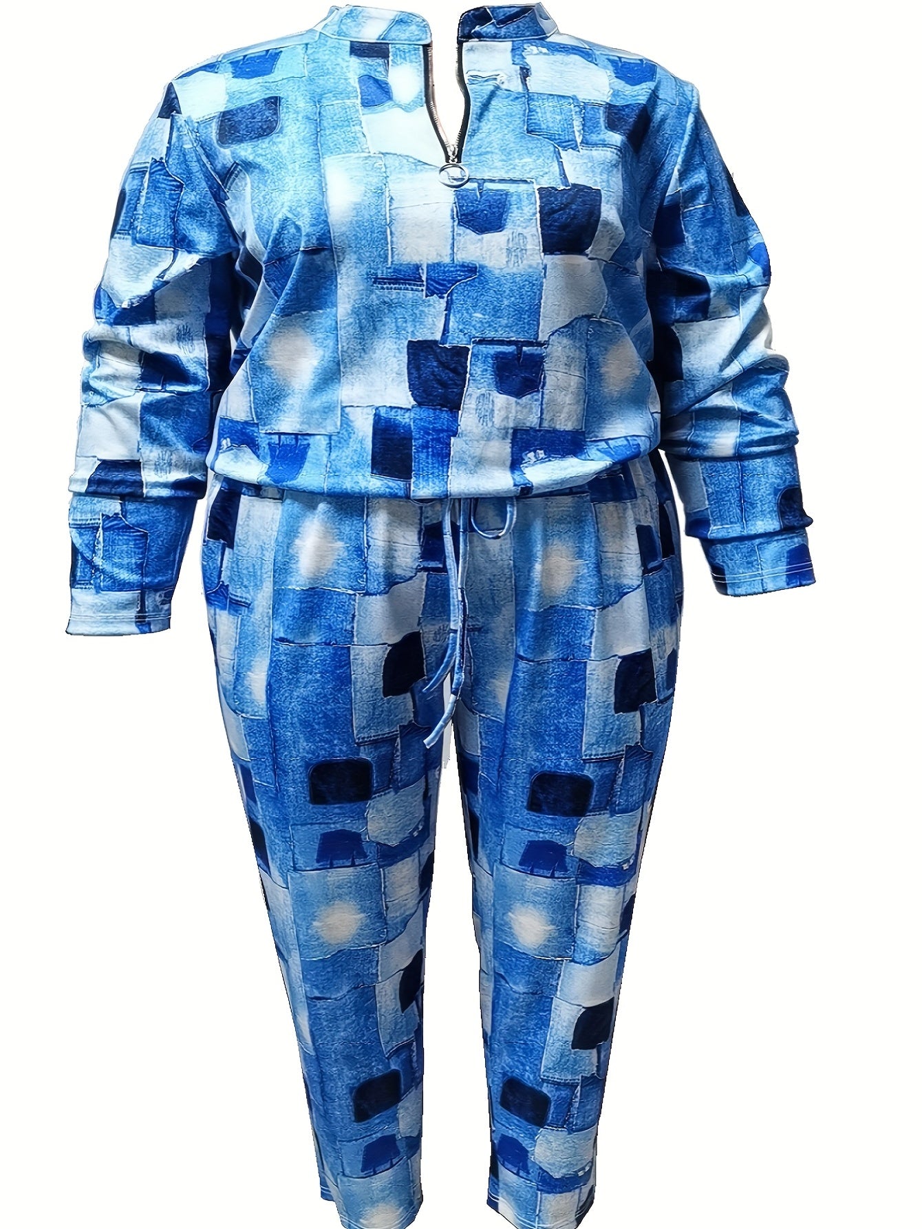 Women's Plus Denim Print Top & Pants Two Piece Set