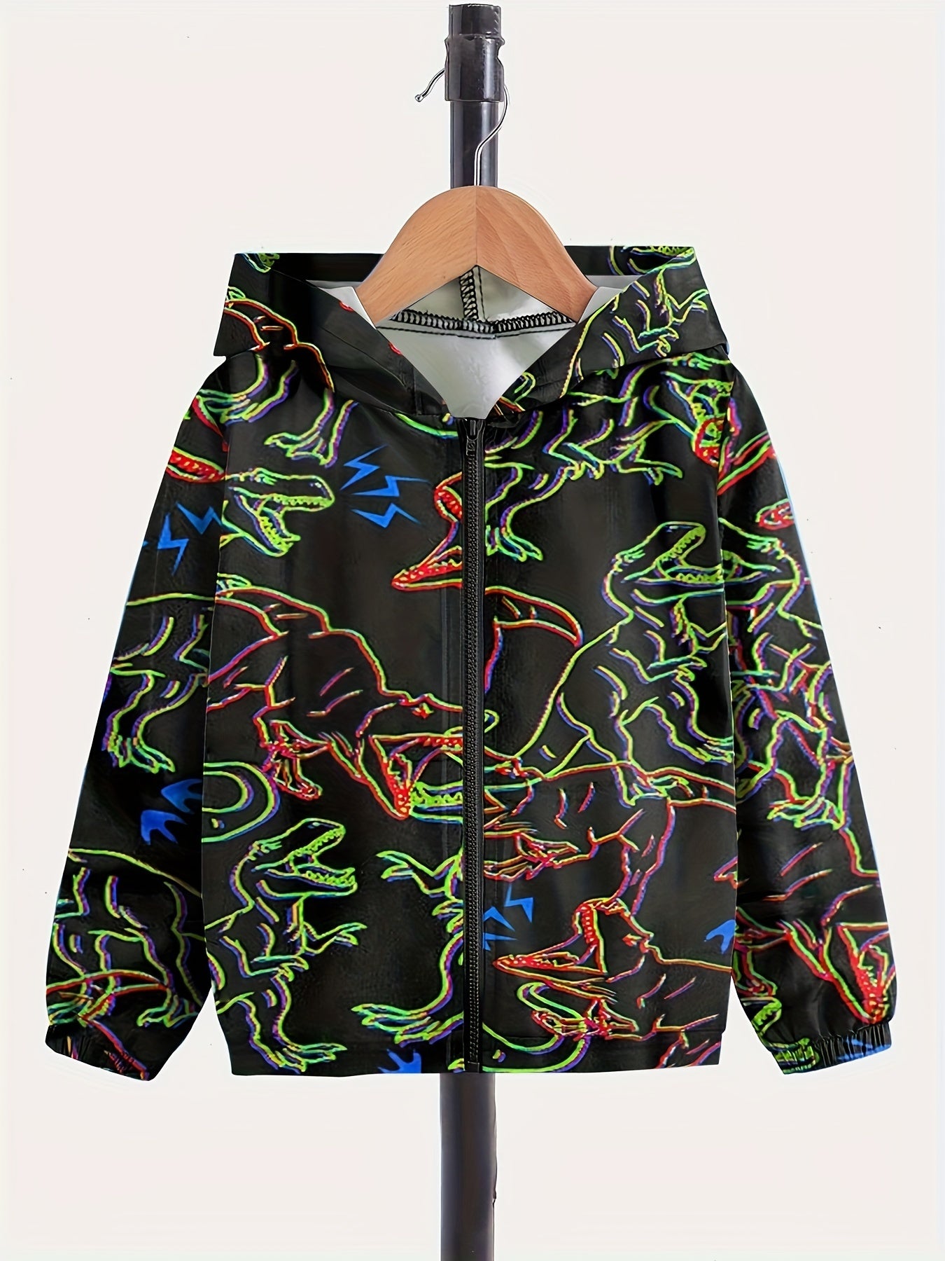 Dino Graphic Zip Front Hooded Jacket for Girls Boys