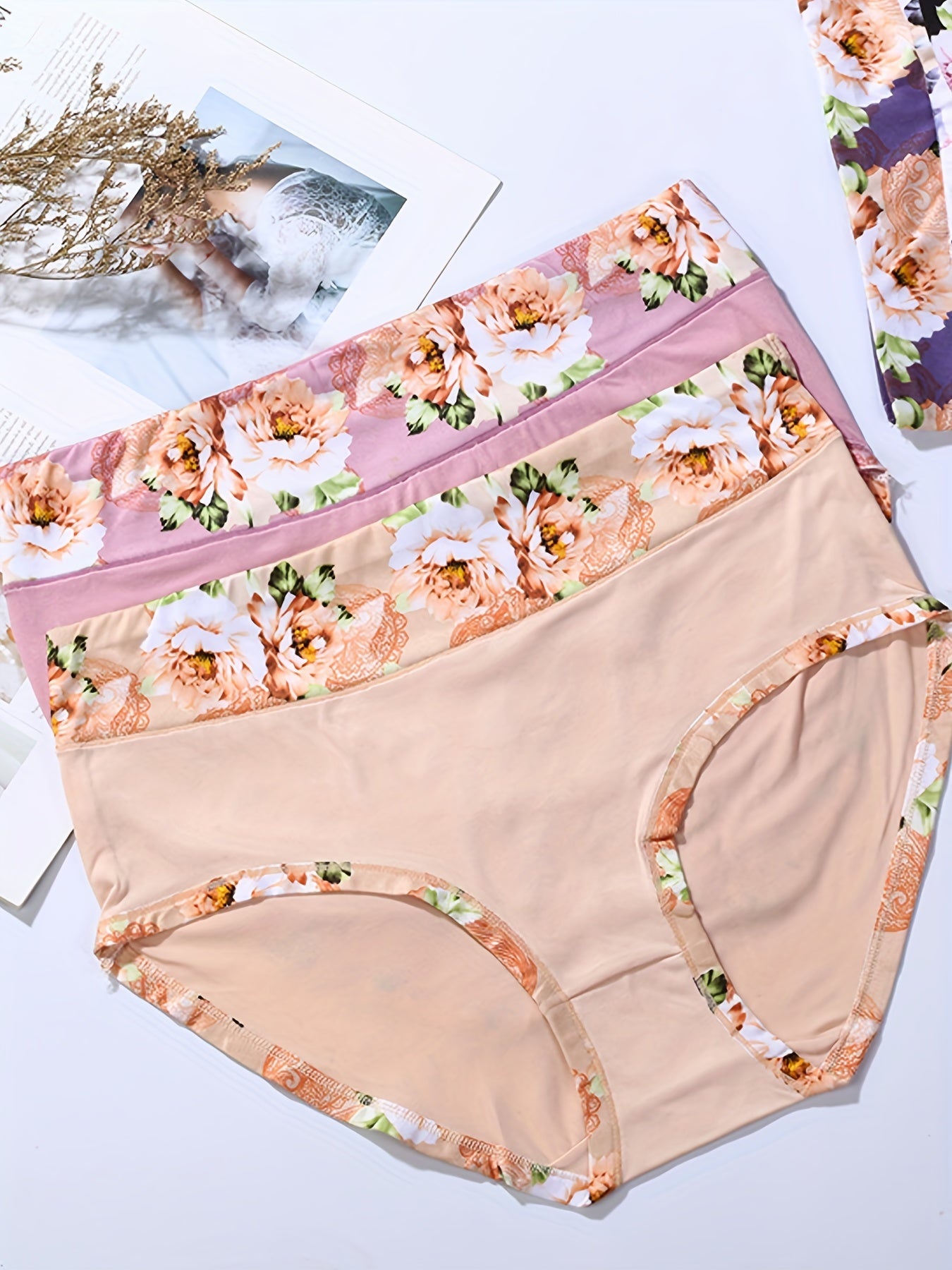 4 Pack Plus Size Panties Set Women's Plus Comfort Floral Print Brief
