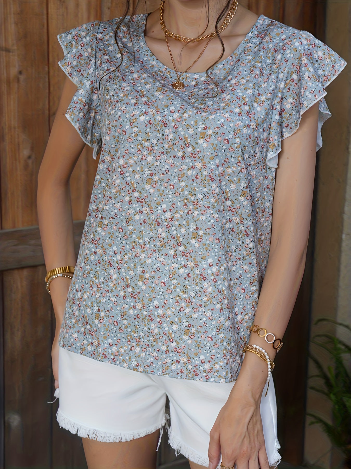 Floral Print Ruffle Trim Cap Sleeve Top