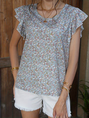 Floral Print Ruffle Trim Cap Sleeve Top
