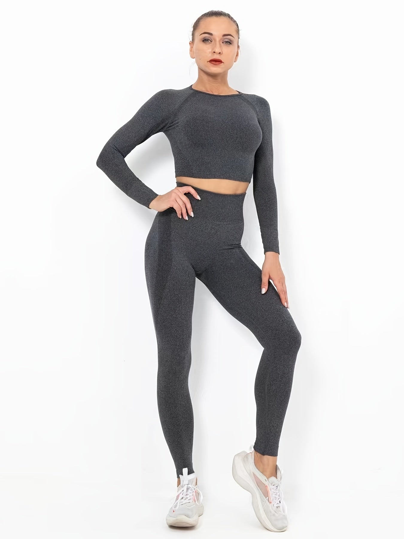 Women's Seamless Long Sleeve Sports Crop Top & Leggings Yoga Suit